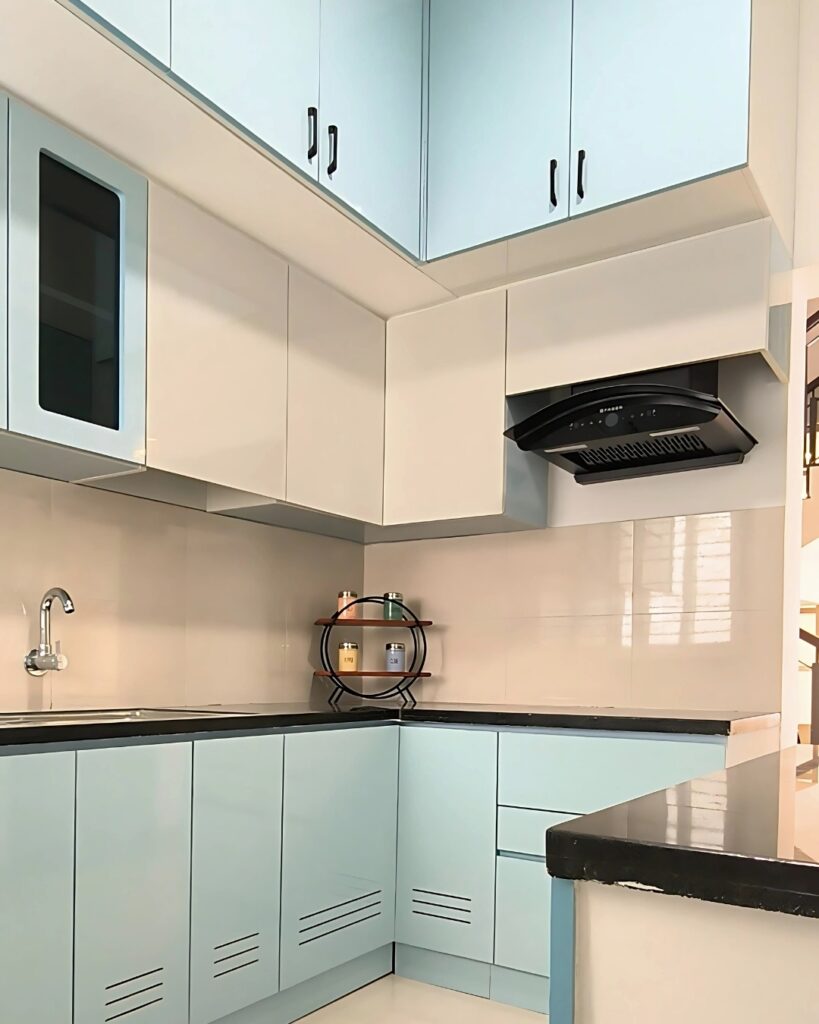 Corner View of L Shaped Modular Kitchen in 3BHK Villa Chennai