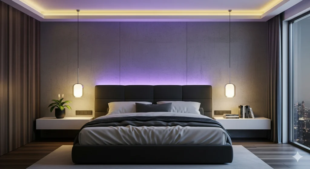 Modern bedroom illuminated with pendant lamps, hidden LED strips, and warm ceiling cove lights for a stylish mood.