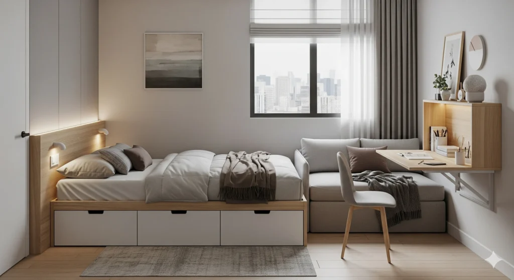 Small bedroom showcasing a bed with built-in drawers, foldable study desk, and space-saving sofa-cum-bed.