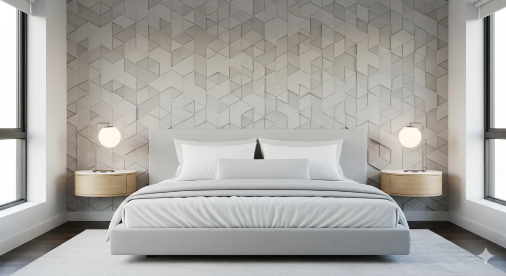 Elegant bedroom featuring a 3D textured wall with geometric patterns behind the bed for a sophisticated backdrop.