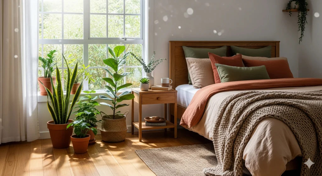 Cozy bedroom with wooden flooring, earthy-toned bedding, indoor plants, and natural sunlight for a calming look.